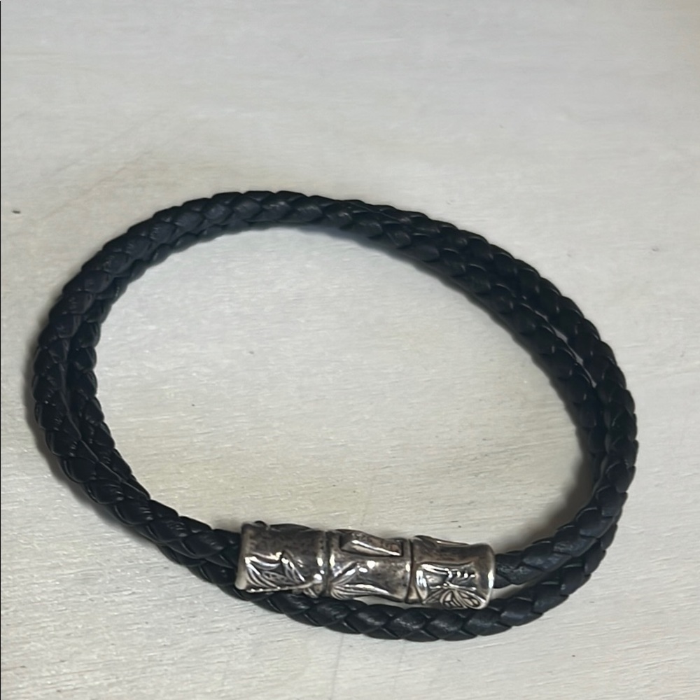 John Hardy Black Braided Leather Double-Wrap Bamboo Bracelet with Silver Accents